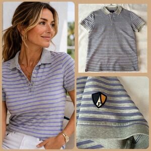 Faconnable Polo Shirt Womens M Gray Lavender Stripe‎ Preppy Golf Casual Tennis